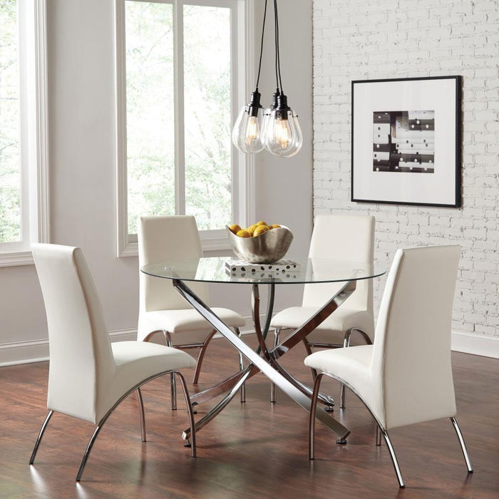 Beckham - 5 Piece Round Glass Top Dining Set - Chrome And White - Premium 5 Piece Dining Room Sets from CoasterEveryday - Just $989! Shop now at Furniture Wholesale Plus  We are the best furniture store in Nashville, Hendersonville, Goodlettsville, Madison, Antioch, Mount Juliet, Lebanon, Gallatin, Springfield, Murfreesboro, Franklin, Brentwood