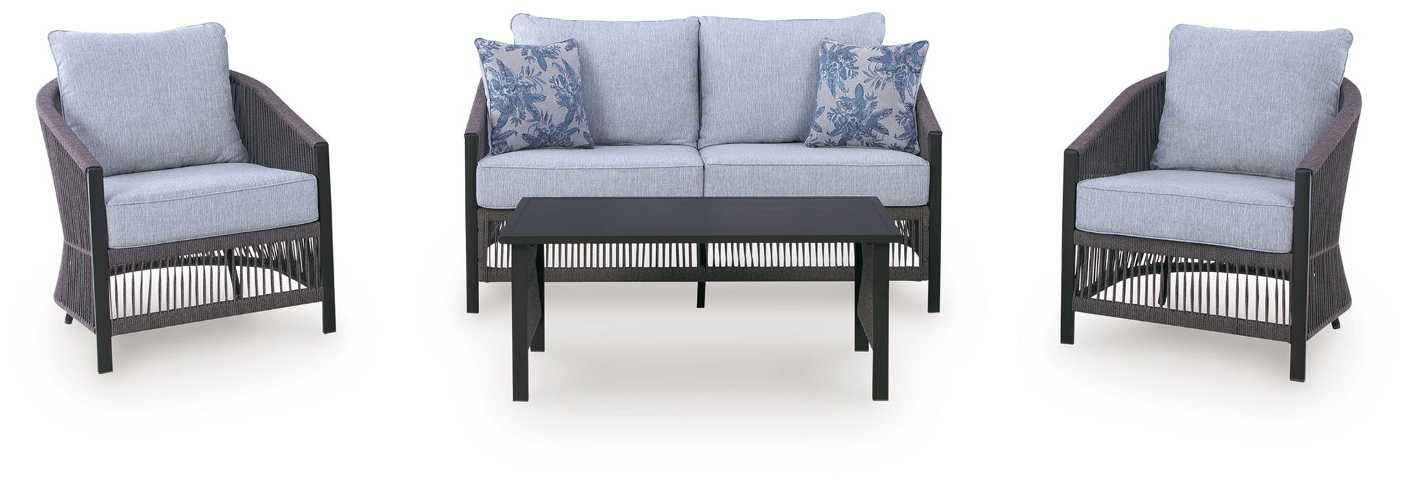 Bridges Beach - Loveseat, Lounge Chairs, Table Set (Set of 4) - Gray – 4 Piece Outdoor Sets by Signature Design by Ashley® at Furniture Wholesale Plus , Nashville furniture store