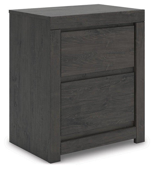 Fraluna - Two Drawer Night Stand - Charcoal – Nightstands w/ Charging Stations by Signature Design by Ashley® at Furniture Wholesale Plus , Nashville furniture store