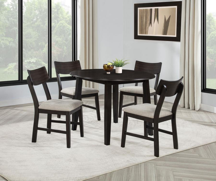 Catley - 5 Piece Round Drop Leaf Dining Table Set - Dark Coffee – 5 Piece Dining Room Sets by Coaster Fine Furniture at Furniture Wholesale Plus , Nashville furniture store