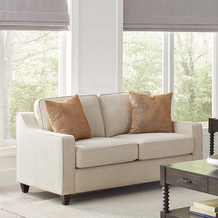 Christine - Upholstered Sloped Arm Loveseat - Beige – Stationary Loveseats by CoasterElevations at Furniture Wholesale Plus , Nashville furniture store