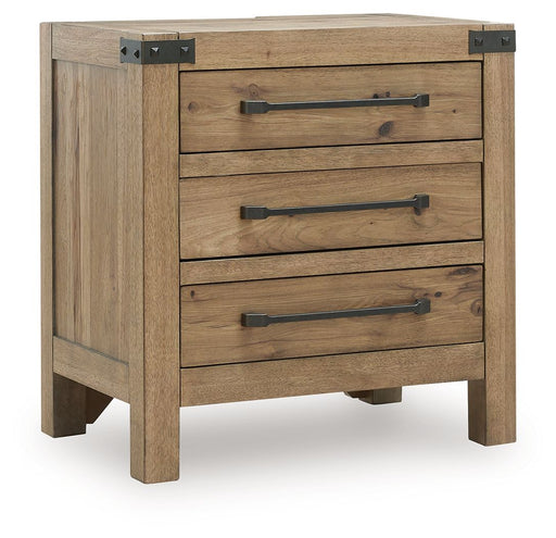 Ridgester - Three Drawer Night Stand - Light Brown – Nightstands w/ Charging Stations by Benchcraft® at Furniture Wholesale Plus , Nashville furniture store