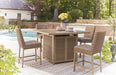 Walton Bridge - 5 Pc. - Square Bar Table W/Fire Pit, 4 Barstools - Driftwood – 5 Piece Outdoor Sets by Signature Design by Ashley® at Furniture Wholesale Plus , Nashville furniture store