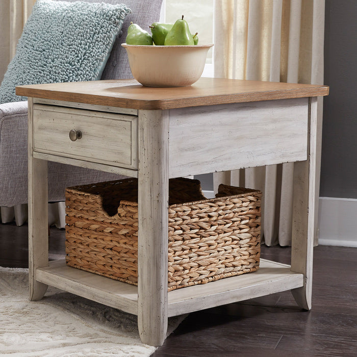 Farmhouse Reimagined - End Table With Basket - Antique White / Chestnut Tops – End Tables by Liberty Furniture at Furniture Wholesale Plus , Nashville furniture store