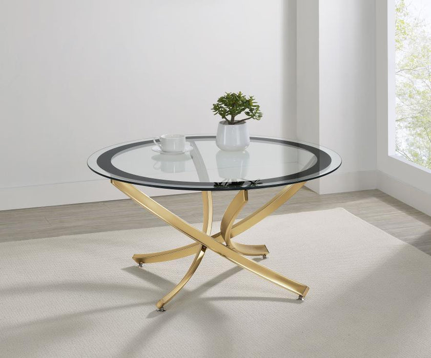 Brooke - Round Glass Top Coffee Table Metal Base – Coffee Tables by CoasterEssence at Furniture Wholesale Plus , Nashville furniture store