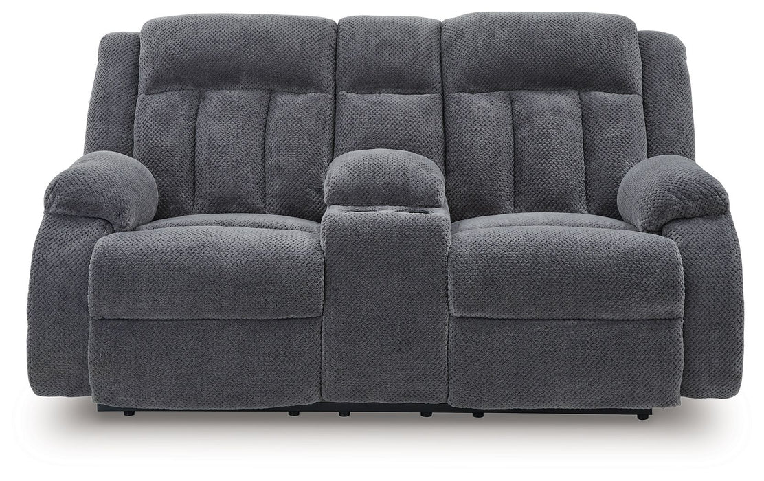 Observation - Double Reclining Power Loveseat With Console - Steel – Reclining Loveseats by Signature Design by Ashley® at Furniture Wholesale Plus , Nashville furniture store