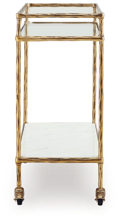 Plattfield - Antique Gold Finish - Bar Cart - Premium Bar Carts from Signature Design by Ashley® - Just $258! Shop now at Furniture Wholesale Plus  We are the best furniture store in Nashville, Hendersonville, Goodlettsville, Madison, Antioch, Mount Juliet, Lebanon, Gallatin, Springfield, Murfreesboro, Franklin, Brentwood