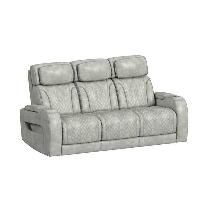 Prime Time - P3 Sofa With Ddt, 3.0 Table, 7 Colors (Led And Cup Holders), Reading Light, Vibration, Speaker, And Heat Massage - Leather Gel Light Gray – Reclining Sofas by Elements International at Furniture Wholesale Plus , Nashville furniture store