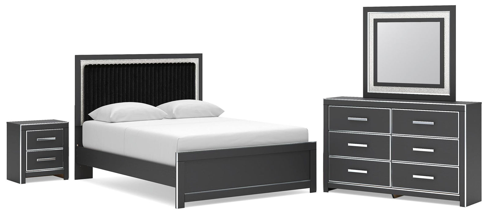 Zuraleus - 4 Pc. - Queen Upholstered Bed With Roll Slats, Dresser, Mirror And Nightstand - Black – 4 Piece Bedroom Sets by Signature Design by Ashley® at Furniture Wholesale Plus , Nashville furniture store