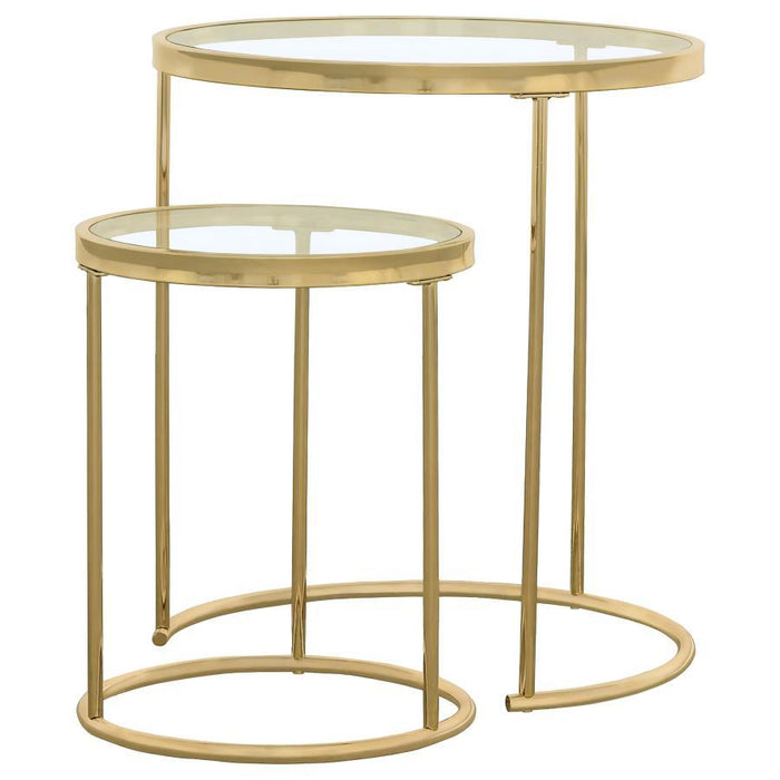 Maylin - 2 Piece Round Glass Top Nesting Table Set - Gold – Nesting Tables by CoasterElevations at Furniture Wholesale Plus , Nashville furniture store