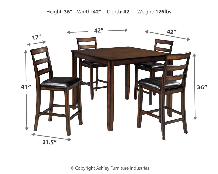 Coviar - Brown - DRM Counter Table Set (Set of 5) - Premium 5 Piece Dining Room Sets from Signature Design by Ashley® - Just $518! Shop now at Furniture Wholesale Plus  We are the best furniture store in Nashville, Hendersonville, Goodlettsville, Madison, Antioch, Mount Juliet, Lebanon, Gallatin, Springfield, Murfreesboro, Franklin, Brentwood