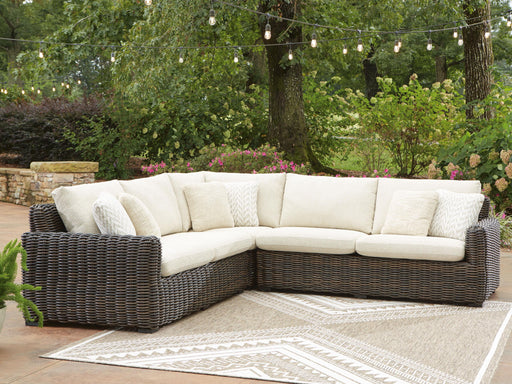 Kimora - 3-Piece Outdoor Sectional - Beige / Dark Brown – Stationary Sectionals by Signature Design by Ashley® at Furniture Wholesale Plus , Nashville furniture store