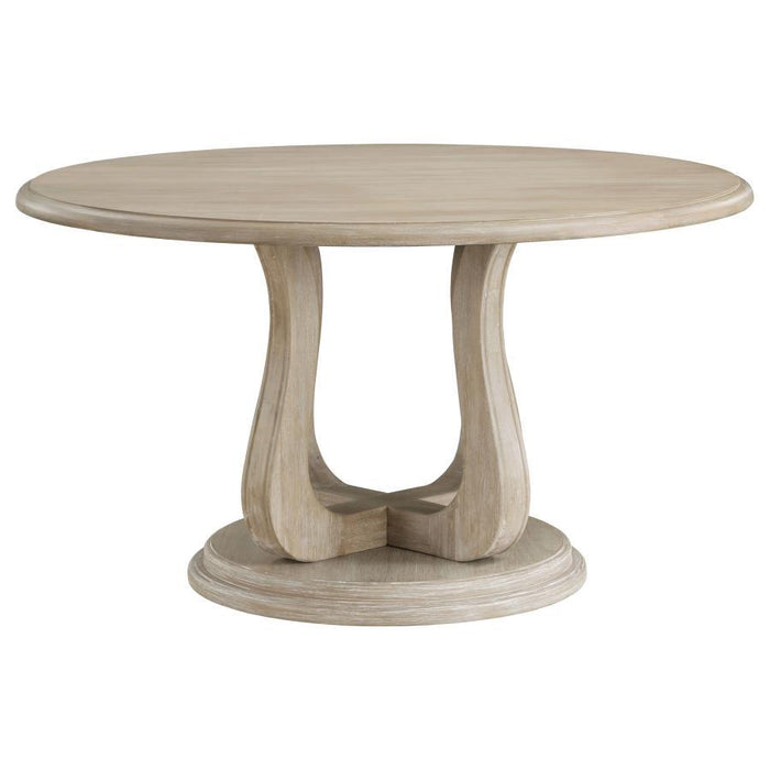 Trofello - Round Pedestal Dining Table - White Washed – Dining Tables by Coaster Fine Furniture at Furniture Wholesale Plus , Nashville furniture store