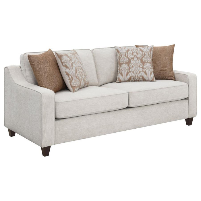 Christine - Upholstered Sloped Arm Sofa - Beige – Stationary Sofas by CoasterElevations at Furniture Wholesale Plus , Nashville furniture store