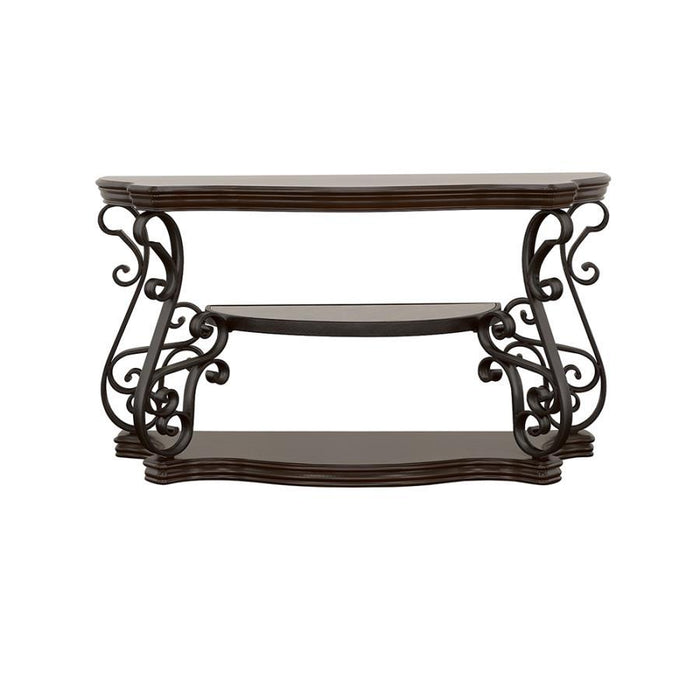 Laney - Scrollwork Entryway Sofa Console Table - Deep Merlot – Console Tables by CoasterEssence at Furniture Wholesale Plus , Nashville furniture store