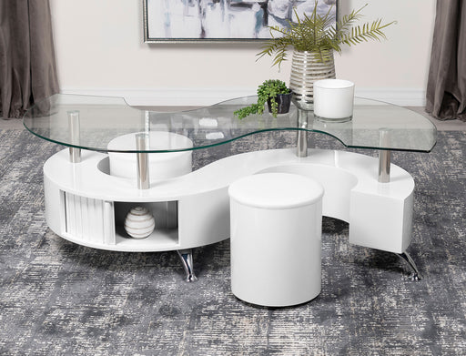 Buckley Curved Glass Top Coffee Table With Stools White High Gloss - Premium Coffee Table from Coaster Z2 Standard - Just $358! Shop now at Furniture Wholesale Plus  We are the best furniture store in Nashville, Hendersonville, Goodlettsville, Madison, Antioch, Mount Juliet, Lebanon, Gallatin, Springfield, Murfreesboro, Franklin, Brentwood