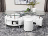 Buckley Curved Glass Top Coffee Table With Stools White High Gloss - Premium Coffee Table from Coaster Z2 Standard - Just $358! Shop now at Furniture Wholesale Plus  We are the best furniture store in Nashville, Hendersonville, Goodlettsville, Madison, Antioch, Mount Juliet, Lebanon, Gallatin, Springfield, Murfreesboro, Franklin, Brentwood