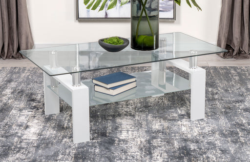 Dyer Rectangular Glass Top Coffee Table With Shelf White - Premium Coffee Table from Coaster Z2 Standard - Just $194! Shop now at Furniture Wholesale Plus  We are the best furniture store in Nashville, Hendersonville, Goodlettsville, Madison, Antioch, Mount Juliet, Lebanon, Gallatin, Springfield, Murfreesboro, Franklin, Brentwood