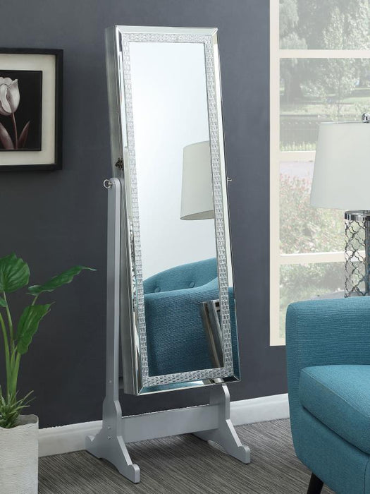 Elle - Cheval Mirror With Jewelry Storage - Silver – Storage Mirrors by CoasterEveryday at Furniture Wholesale Plus , Nashville furniture store