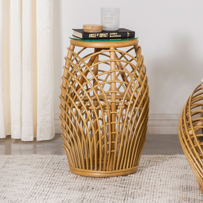 Dahlia Round Glass Top Woven Rattan End Table Natural Brown - Premium End Table from Coaster Z2 Standard - Just $230! Shop now at Furniture Wholesale Plus  We are the best furniture store in Nashville, Hendersonville, Goodlettsville, Madison, Antioch, Mount Juliet, Lebanon, Gallatin, Springfield, Murfreesboro, Franklin, Brentwood