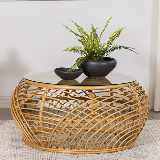 Dahlia Round Glass Top Woven Rattan Coffee Table Natural Brown - Premium Coffee Table from Coaster Z2 Standard - Just $570! Shop now at Furniture Wholesale Plus  We are the best furniture store in Nashville, Hendersonville, Goodlettsville, Madison, Antioch, Mount Juliet, Lebanon, Gallatin, Springfield, Murfreesboro, Franklin, Brentwood