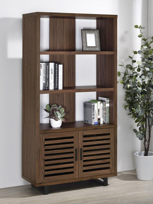 Maddox - 3-Shelf Cabinet Bookcase - Walnut – Standard Bookcases by CoasterEveryday at Furniture Wholesale Plus , Nashville furniture store