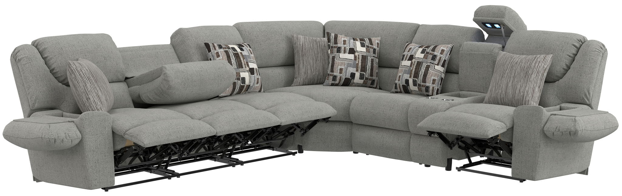 Quinn - 3 Piece Reclining Sectional With 4 Reclining Seats, Storage Arms, Storage Console With Lights, And Drop Down Table - Nature – Stationary Sectionals by Jackson at Furniture Wholesale Plus , Nashville furniture store