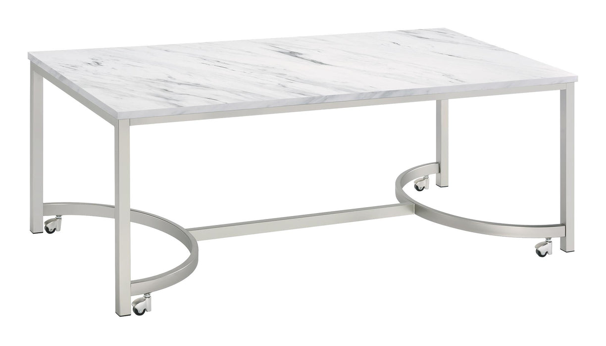 Leona Coffee Table with Casters White and Satin Nickel - Premium Coffee Table from Coaster Z2 Standard - Just $186! Shop now at Furniture Wholesale Plus  We are the best furniture store in Nashville, Hendersonville, Goodlettsville, Madison, Antioch, Mount Juliet, Lebanon, Gallatin, Springfield, Murfreesboro, Franklin, Brentwood