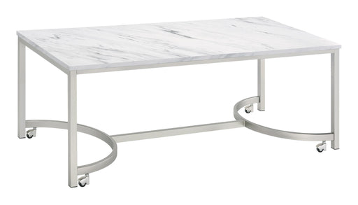 Leona Coffee Table with Casters White and Satin Nickel - Premium Coffee Table from Coaster Z2 Standard - Just $186! Shop now at Furniture Wholesale Plus  We are the best furniture store in Nashville, Hendersonville, Goodlettsville, Madison, Antioch, Mount Juliet, Lebanon, Gallatin, Springfield, Murfreesboro, Franklin, Brentwood