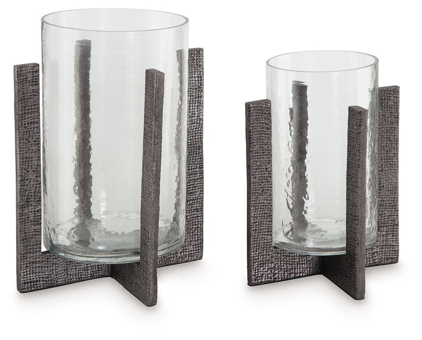 Garekton - Candle Holder Set (Set of 2) - Clear / Pewter Finish – Candles & Holders by Signature Design by Ashley® at Furniture Wholesale Plus , Nashville furniture store