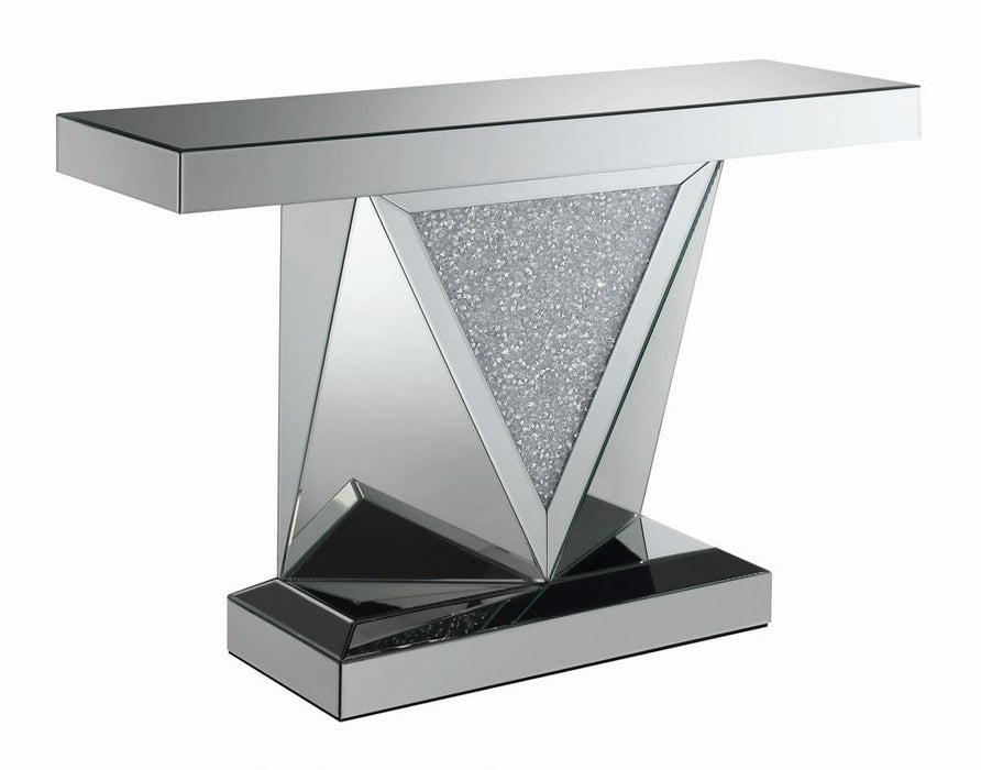 Amore Rectangular Sofa Table with Triangle Detailing Silver and Clear Mirror - Premium Sofa Table from Coaster Z2 Standard - Just $470! Shop now at Furniture Wholesale Plus  We are the best furniture store in Nashville, Hendersonville, Goodlettsville, Madison, Antioch, Mount Juliet, Lebanon, Gallatin, Springfield, Murfreesboro, Franklin, Brentwood