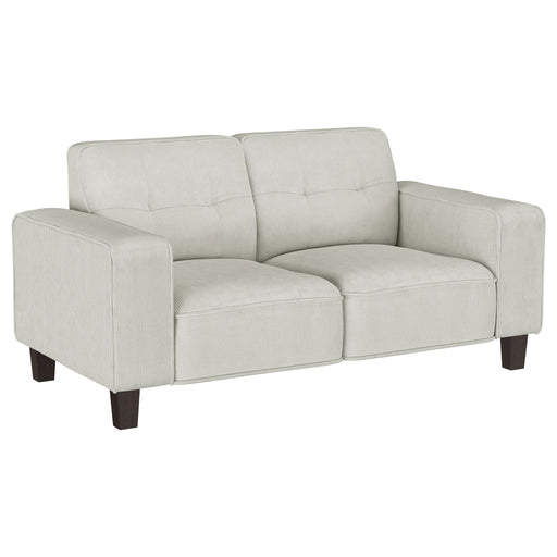 Deerhurst - Upholstered Track Arm Tufted Loveseat - Greige – Stationary Loveseats by Coaster Fine Furniture at Furniture Wholesale Plus , Nashville furniture store