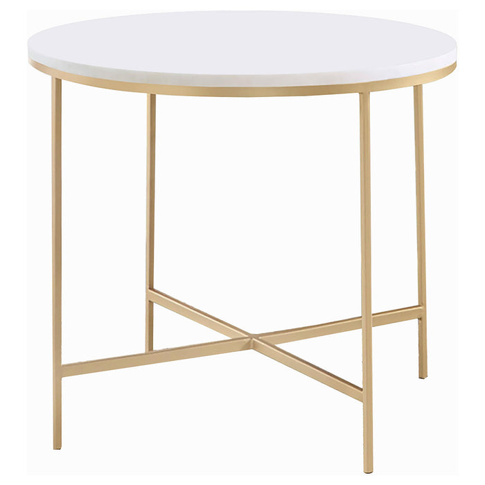 Ellison Round X-cross End Table White and Gold - Premium End Table from Coaster Z2 Standard - Just $270! Shop now at Furniture Wholesale Plus  We are the best furniture store in Nashville, Hendersonville, Goodlettsville, Madison, Antioch, Mount Juliet, Lebanon, Gallatin, Springfield, Murfreesboro, Franklin, Brentwood