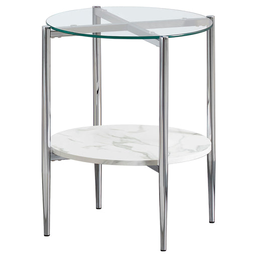 Cadee Round Glass Top End Table Clear and Chrome - Premium End Table from Coaster Z2 Standard - Just $110! Shop now at Furniture Wholesale Plus  We are the best furniture store in Nashville, Hendersonville, Goodlettsville, Madison, Antioch, Mount Juliet, Lebanon, Gallatin, Springfield, Murfreesboro, Franklin, Brentwood