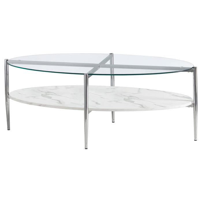 Cadee Round Glass Top Coffee Table White and Chrome - Premium Coffee Table from Coaster Z2 Standard - Just $198! Shop now at Furniture Wholesale Plus  We are the best furniture store in Nashville, Hendersonville, Goodlettsville, Madison, Antioch, Mount Juliet, Lebanon, Gallatin, Springfield, Murfreesboro, Franklin, Brentwood