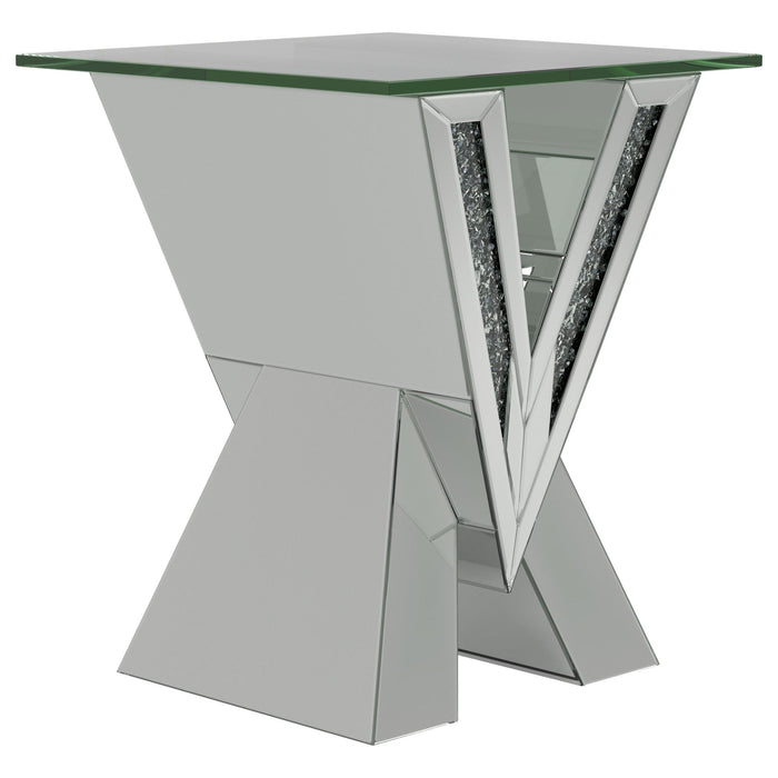 Taffeta V-shaped End Table with Glass Top Silver - Premium End Table from Coaster Z2 Standard - Just $350! Shop now at Furniture Wholesale Plus  We are the best furniture store in Nashville, Hendersonville, Goodlettsville, Madison, Antioch, Mount Juliet, Lebanon, Gallatin, Springfield, Murfreesboro, Franklin, Brentwood