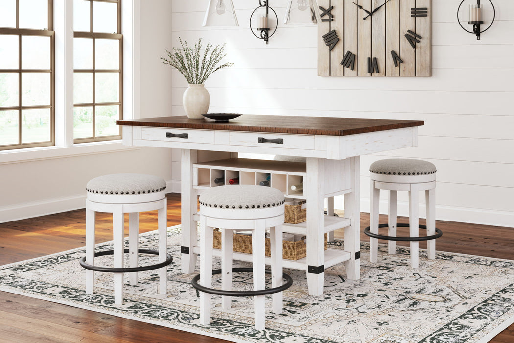 Valebeck - 5 Pc. - Counter Table With Wine Rack, 4 Swivel Stools - White / Brown – 5 Piece Dining Room Sets by Signature Design by Ashley® at Furniture Wholesale Plus , Nashville furniture store