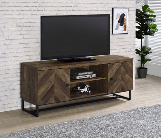 Myles 2-door TV Console with Adjustable Shelves Rustic Oak Herringbone - Premium TV Stand from Coaster Z2 Standard - Just $250! Shop now at Furniture Wholesale Plus  We are the best furniture store in Nashville, Hendersonville, Goodlettsville, Madison, Antioch, Mount Juliet, Lebanon, Gallatin, Springfield, Murfreesboro, Franklin, Brentwood