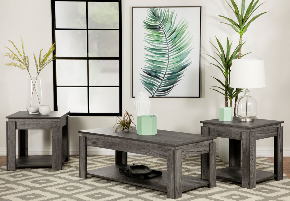 Donal 3-piece Occasional Set with Open Shelves Weathered Grey - Premium Table Set from Coaster Z2 Standard - Just $358! Shop now at Furniture Wholesale Plus  We are the best furniture store in Nashville, Hendersonville, Goodlettsville, Madison, Antioch, Mount Juliet, Lebanon, Gallatin, Springfield, Murfreesboro, Franklin, Brentwood