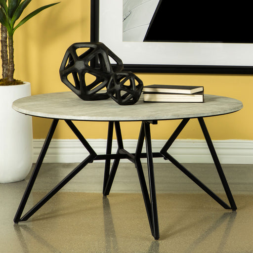 Hadi Round Coffee Table with Hairpin Legs Cement and Gunmetal - Premium Coffee Table from Coaster Z2 Standard - Just $202! Shop now at Furniture Wholesale Plus  We are the best furniture store in Nashville, Hendersonville, Goodlettsville, Madison, Antioch, Mount Juliet, Lebanon, Gallatin, Springfield, Murfreesboro, Franklin, Brentwood