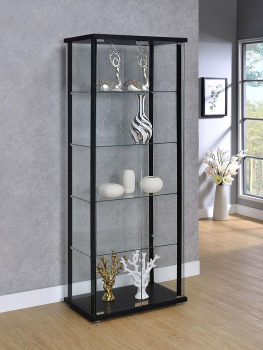 Delphinium - 5-Shelf Clear Glass Curio Display Cabinet - Black – Curio Cabinets by CoasterEveryday at Furniture Wholesale Plus , Nashville furniture store