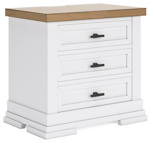 Ashbryn - Three Drawer Night Stand - White / Natural – Nightstands w/ Charging Stations by Benchcraft® at Furniture Wholesale Plus , Nashville furniture store