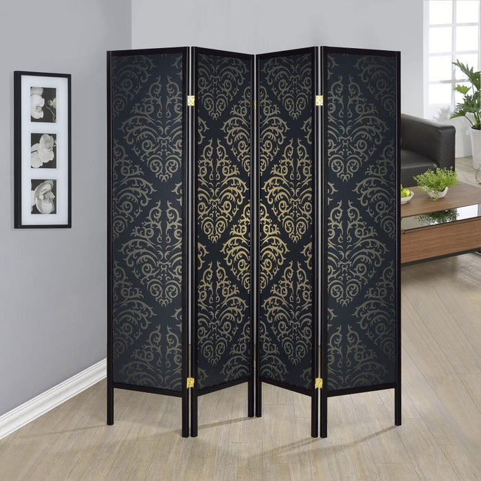 Haidera - 4-Panel Room Divider Folding Screen - Black Damask - Premium Room Dividers from CoasterEveryday - Just $189! Shop now at Furniture Wholesale Plus  We are the best furniture store in Nashville, Hendersonville, Goodlettsville, Madison, Antioch, Mount Juliet, Lebanon, Gallatin, Springfield, Murfreesboro, Franklin, Brentwood