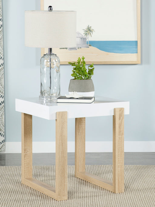 Pala Rectangular End Table with Sled Base White High Gloss and Natural - Premium End Table from Coaster Z2 Standard - Just $98! Shop now at Furniture Wholesale Plus  We are the best furniture store in Nashville, Hendersonville, Goodlettsville, Madison, Antioch, Mount Juliet, Lebanon, Gallatin, Springfield, Murfreesboro, Franklin, Brentwood