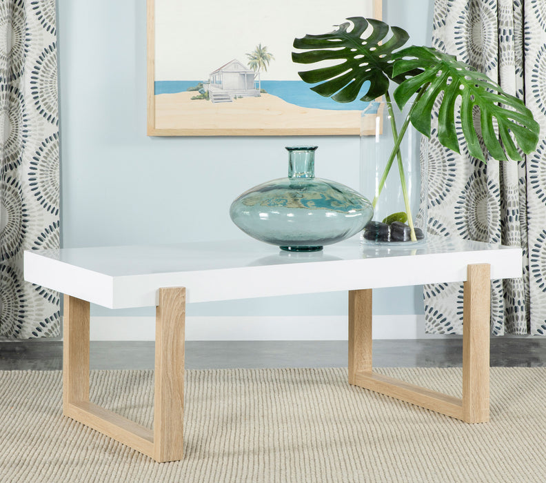 Pala Rectangular Coffee Table with Sled Base White High Gloss and Natural - Premium Coffee Table from Coaster Z2 Standard - Just $170! Shop now at Furniture Wholesale Plus  We are the best furniture store in Nashville, Hendersonville, Goodlettsville, Madison, Antioch, Mount Juliet, Lebanon, Gallatin, Springfield, Murfreesboro, Franklin, Brentwood