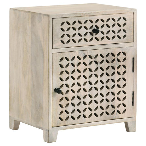 August - 1-Drawer Trellis Pattern Storage Cabinet - White Washed – Accent Cabinets by CoasterEssence at Furniture Wholesale Plus , Nashville furniture store