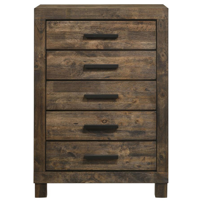 Woodmont - 5-Drawer Bedroom Chest - Rustic Golden Brown – Accent Chests by CoasterEveryday at Furniture Wholesale Plus , Nashville furniture store