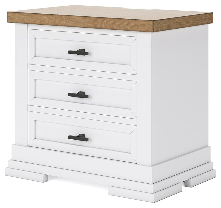 Ashbryn - Three Drawer Night Stand - White / Natural – Nightstands w/ Charging Stations by Benchcraft® at Furniture Wholesale Plus , Nashville furniture store