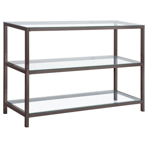 Trini - 2-Shelf Glass Top Entryway Console Table - Black Nickel – Console Tables by CoasterEssence at Furniture Wholesale Plus , Nashville furniture store