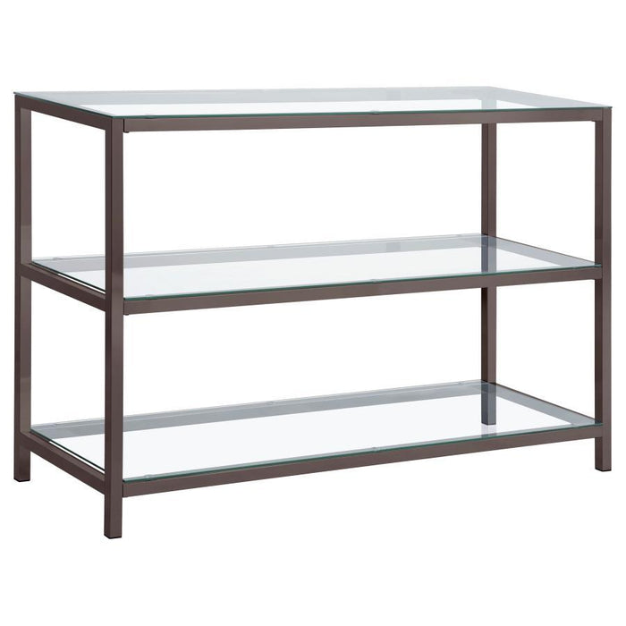 Trini - 2-Shelf Glass Top Entryway Console Table - Black Nickel – Console Tables by CoasterEssence at Furniture Wholesale Plus , Nashville furniture store